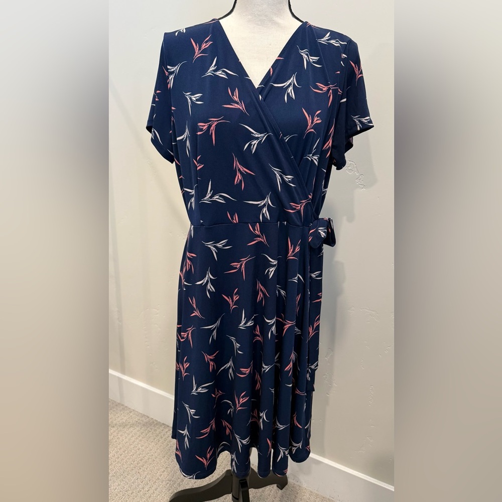Kaileigh Beautiful Floral Faux Wrap Dress in Navy & Pink  | Lightweight | XL